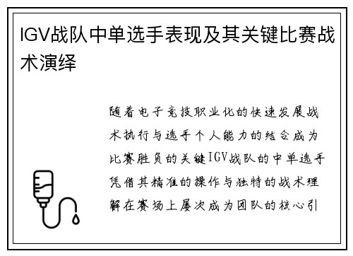 IGV战队中单选手表现及其关键比赛战术演绎
